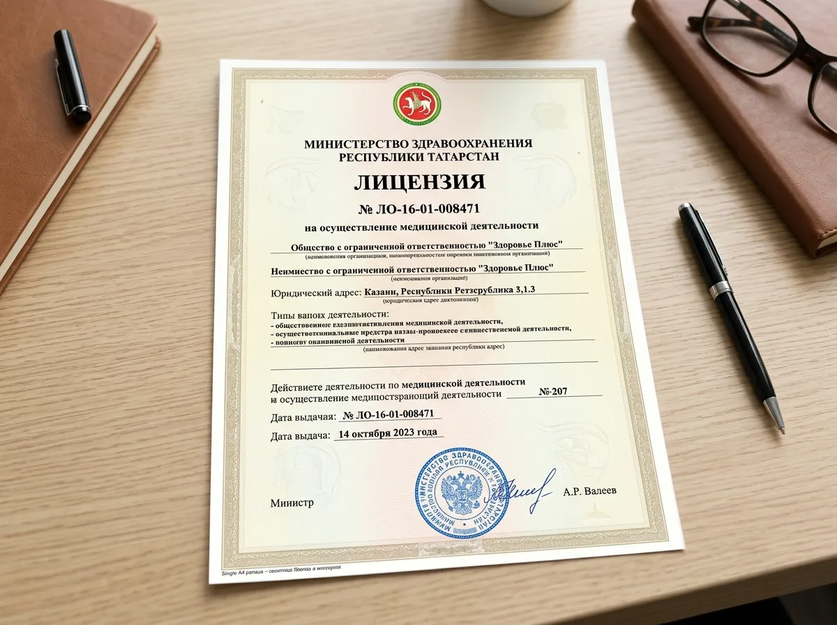 Лицензия на осуществление медицинской деятельности № ЛО-16-01-008471, выданная Министерством здравоохранения Республики Татарстан, официальный документ с печатью и подписью