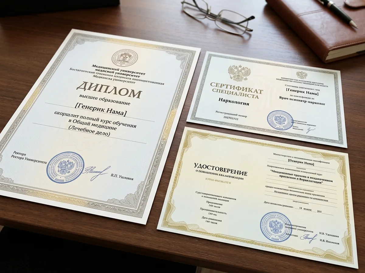 Сертификаты специалистов врачей-наркологов с подтверждением квалификации, дипломы медицинских вузов и удостоверения о повышении квалификации
